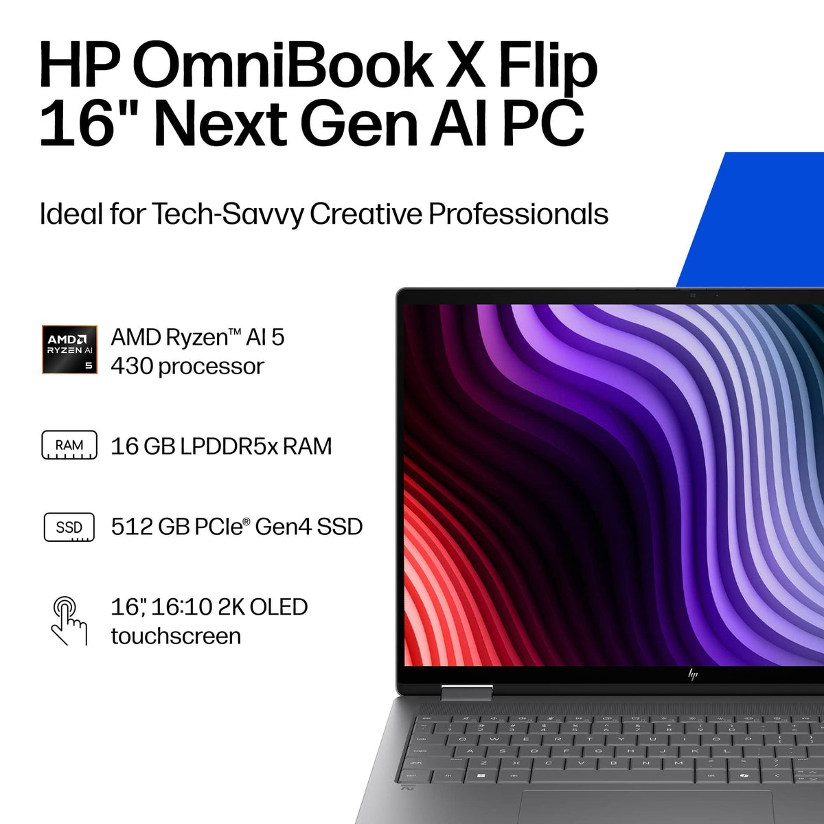 HP - OmniBook X Flip 2-in-1 - 16" 2K OLED Touchscreen Laptop - AMD Ryzen AI 5 430 (2026) - 16GB Memory - 512GB SSD - Copilot+ - Meteor Silver