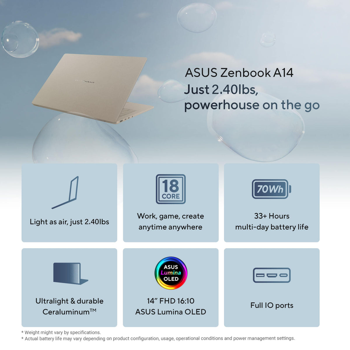 ASUS - Zenbook A14 14” OLED 2K Display - Snapdragon X2 Elite 2026 - 16GB Memory - 512GB Storage - Copilot+ PC - Zabriskie Beige