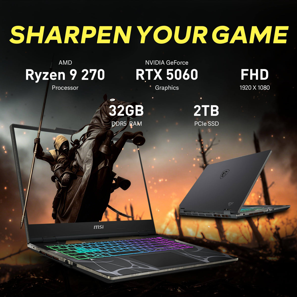 MSI - Upgraded - Cyborg A15 15.6" FHD 144Hz Gaming Laptop,AMD Ryzen 9 270,32GB RAM,2TB SSD+1TB Dock Set,GeForce RTX 5060,Win 11 - Black