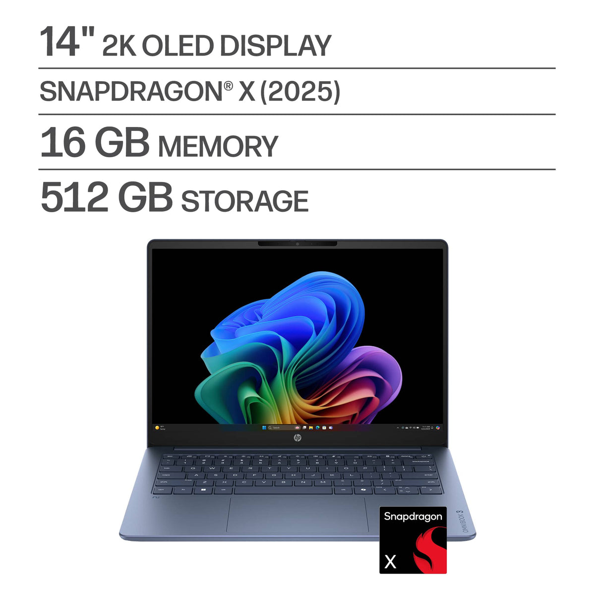 HP - OmniBook 3 - 14" 2K OLED Laptop - Snapdragon X (8-Core CPU) - 16GB Memory - 512GB SSD - Copilot+ - 41+ Hrs Battery Life¹ - Starlit Blue