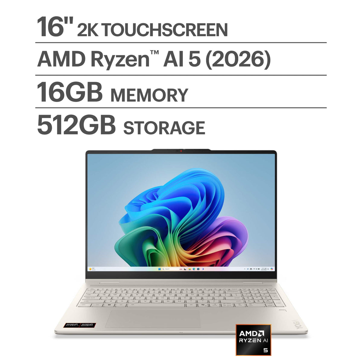 Lenovo - Yoga 7a 2-in-1 16" 2K LCD Touchscreen Laptop - AMD Ryzen AI 5 430 2026 - 16GB Memory - 512GB Storage - Copilot+ PC - Seashell