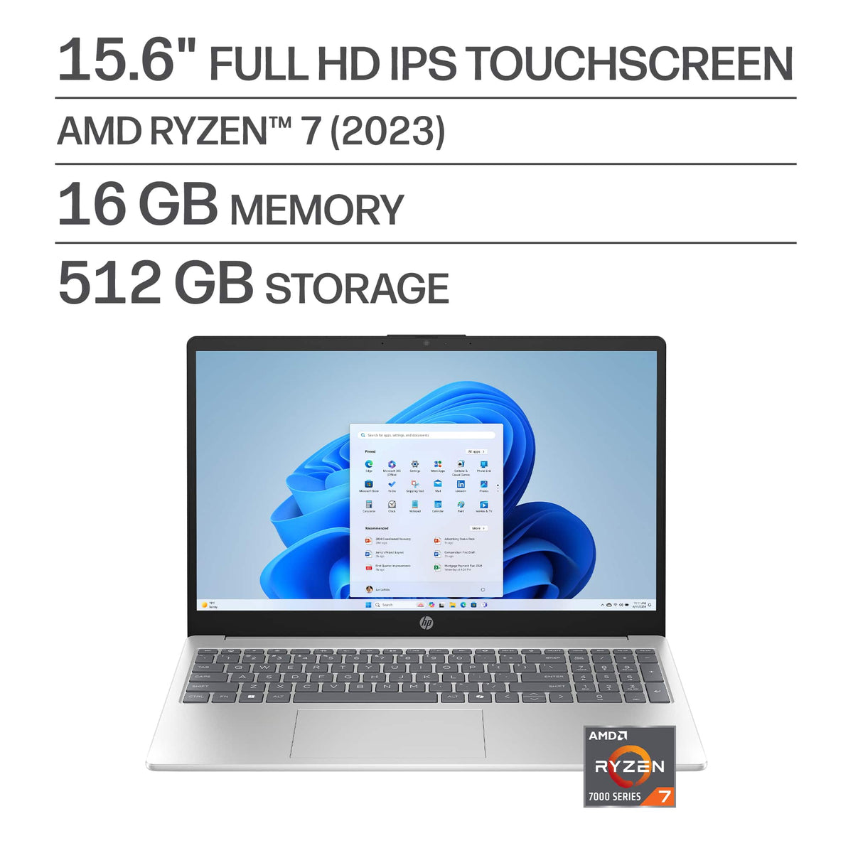 HP - 15.6" Full HD Touchscreen Laptop - AMD Ryzen 7 (2023) - 16GB Memory - 512GB SSD - Natural Silver