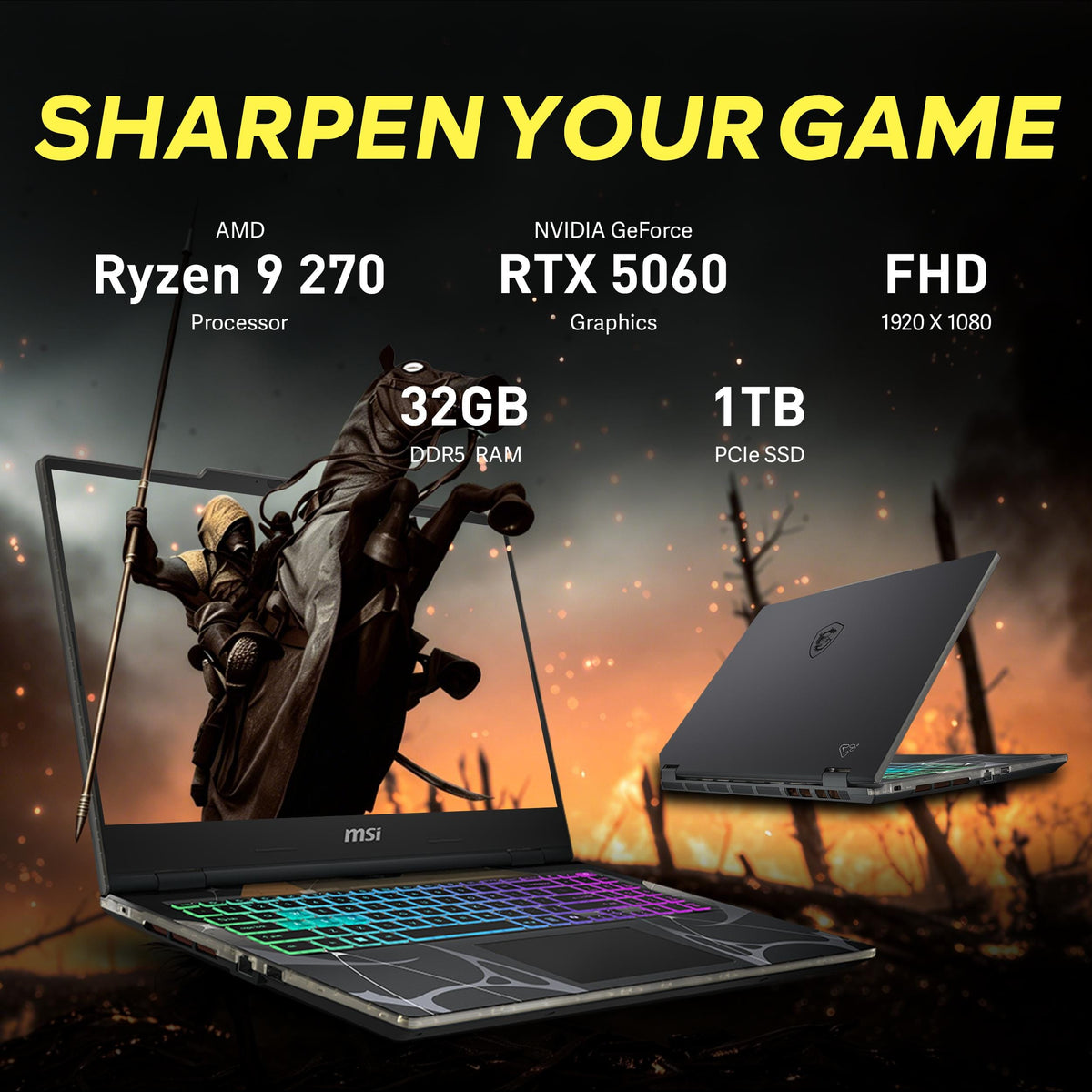 MSI - Upgraded - Cyborg A15 15.6" FHD 144Hz Gaming Laptop,AMD Ryzen 9 270,32GB RAM,1TB SSD+1TB Dock Set,GeForce RTX 5060,Win 11 - Black