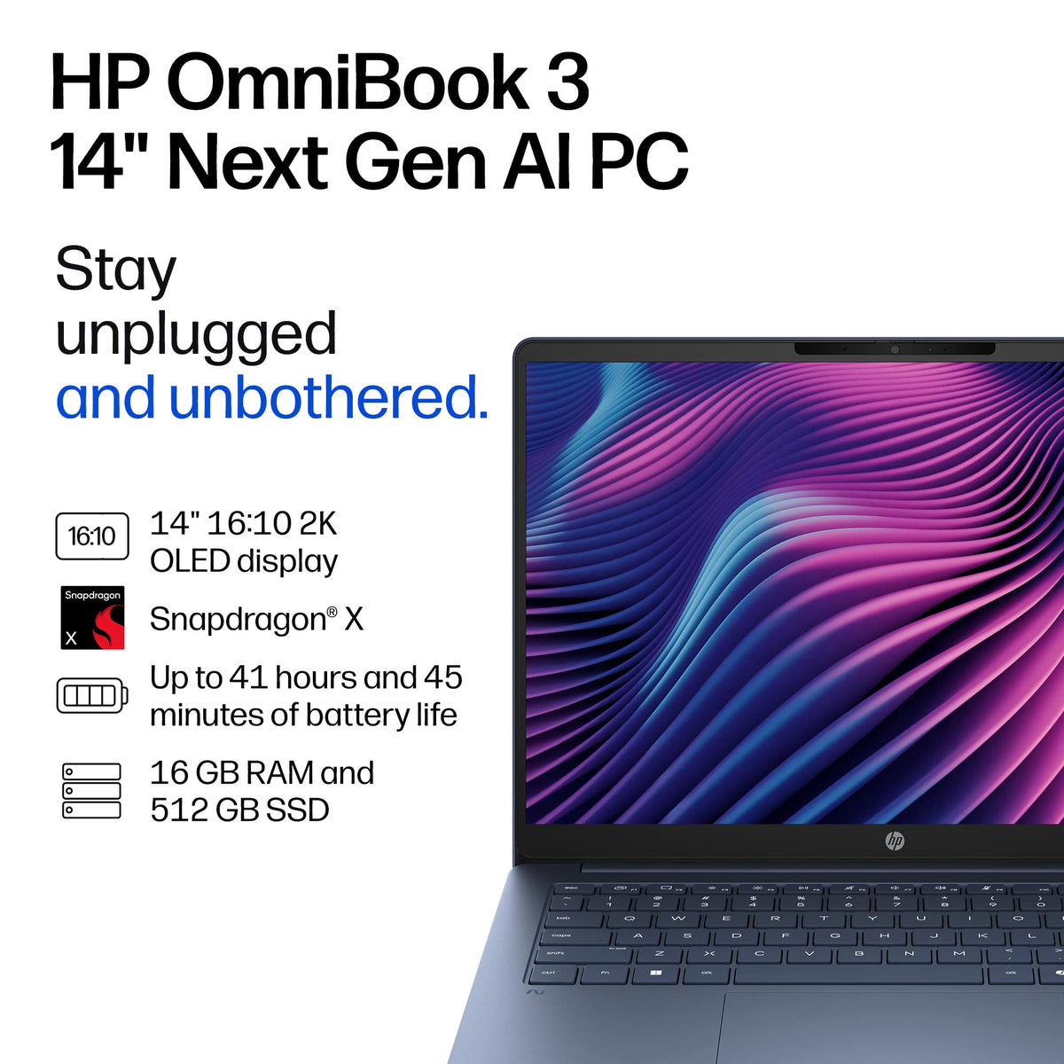 HP - OmniBook 3 - 14" 2K OLED Laptop - Snapdragon X (8-Core CPU) - 16GB Memory - 512GB SSD - Copilot+ - 41+ Hrs Battery Life¹ - Starlit Blue