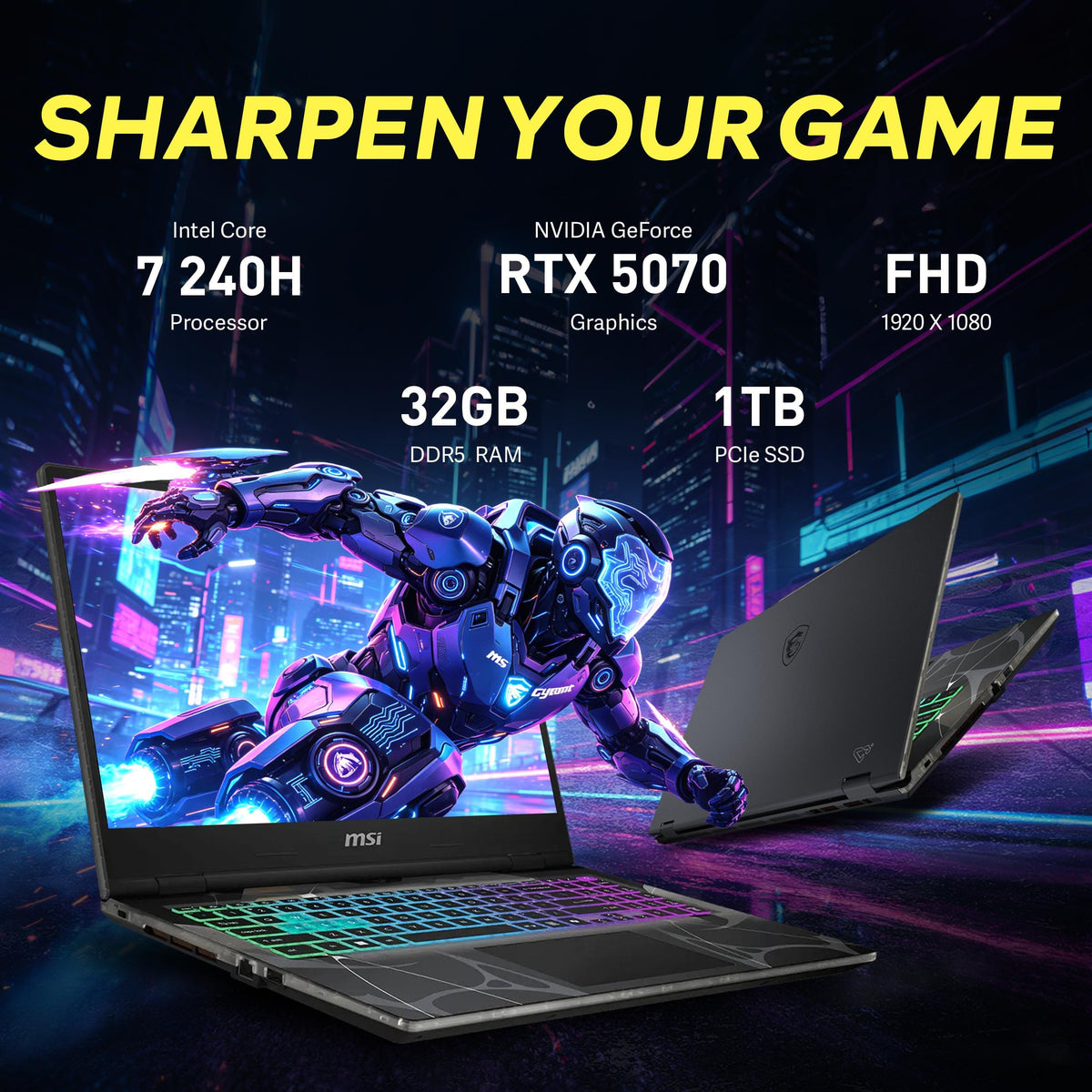 MSI - Upgraded - Cyborg 15 15.6" Gaming Laptop,Intel Core 7 240H,32GB DDR5,1TB SSD+1TB Dock Set,RTX 5070,Backlit,Win11 Pro - Black