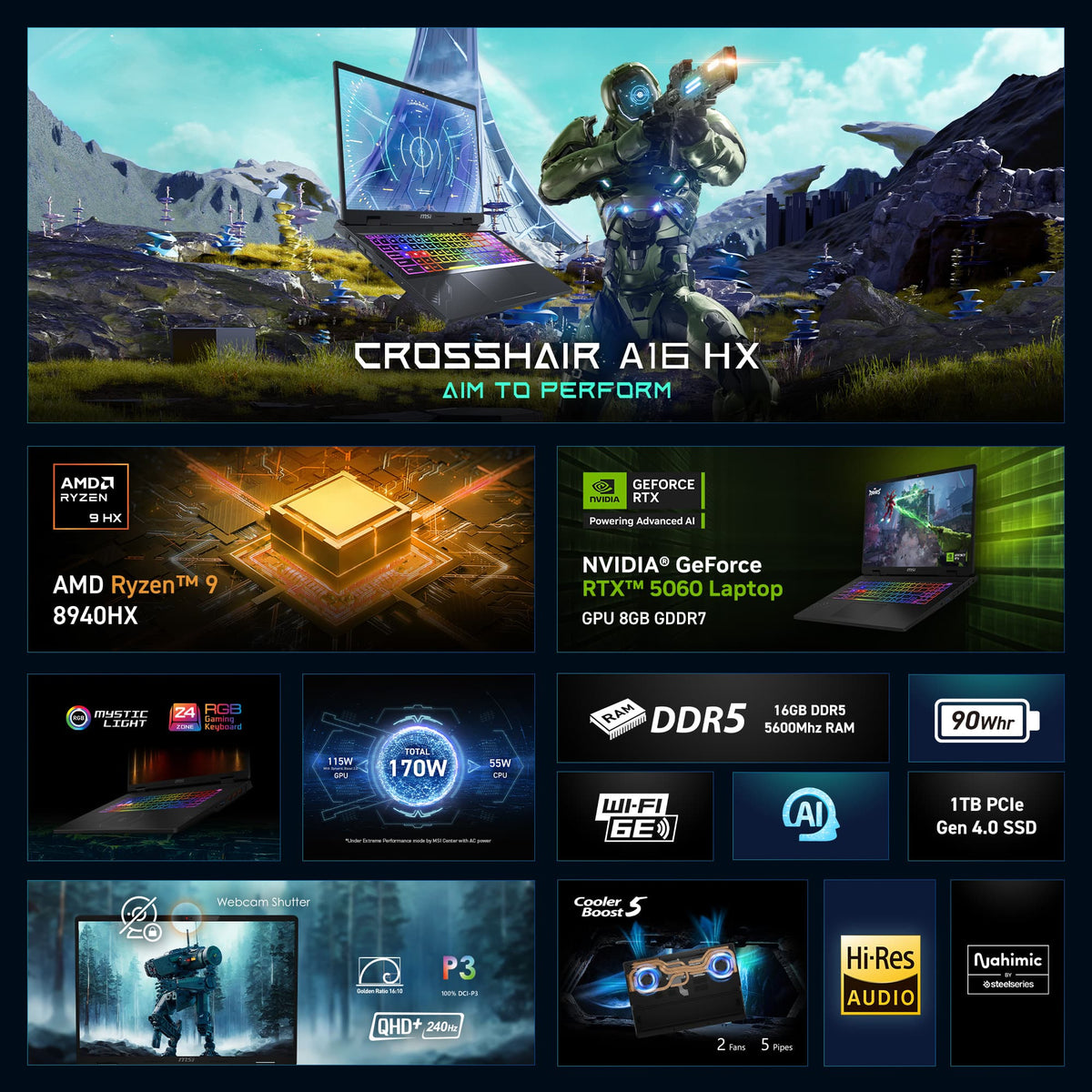 MSI - Crosshair A16 HX 16" 2.5K QHD+ 240Hz Gaming Laptop - AMD R9 8940HX - NVIDIA GeForce RTX 5060 - 16GB Memory - 1TB Storage - Cosmo Gray