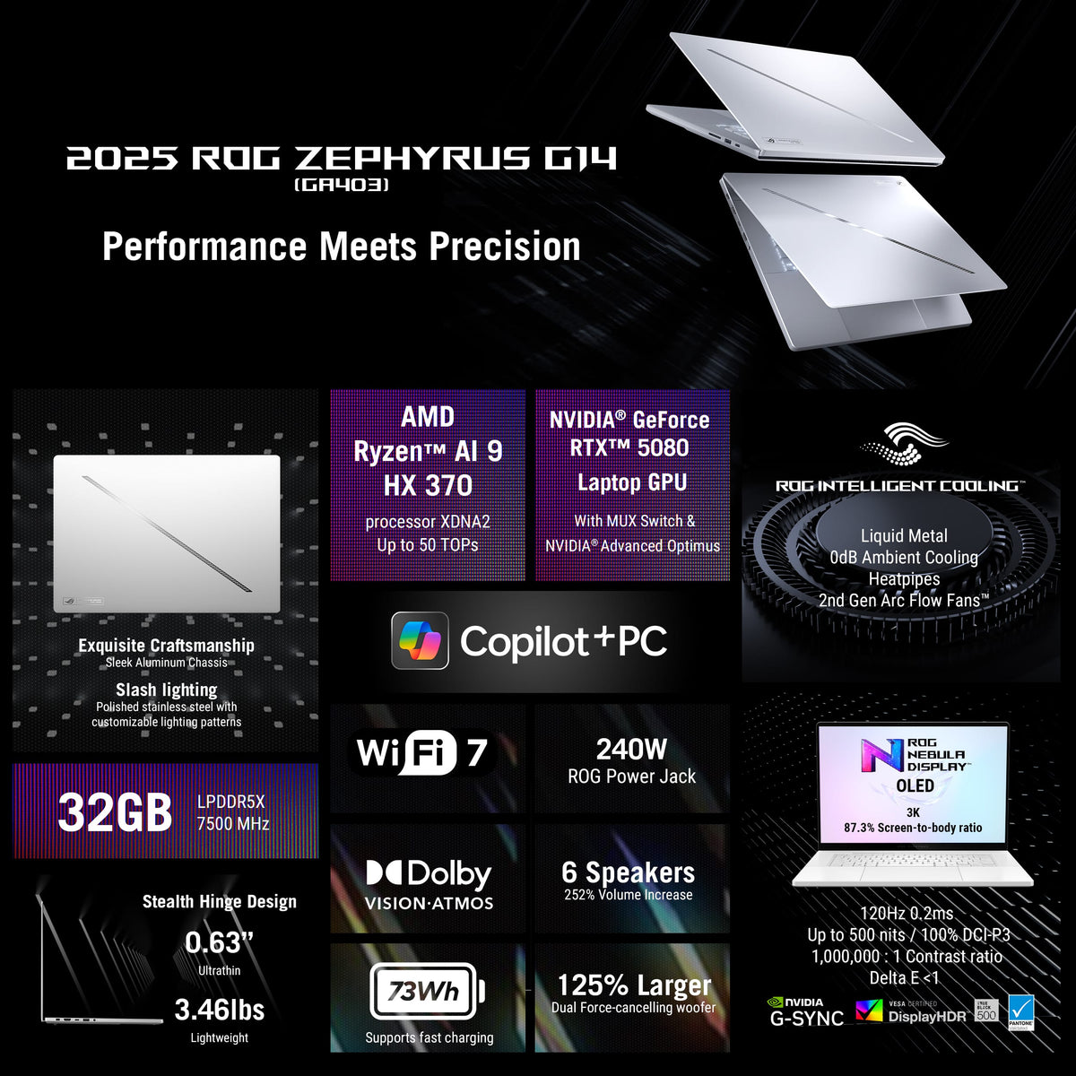ASUS - ROG Zephyrus G14 14" 3K OLED 120Hz Gaming Laptop - Copilot+ PC - AMD Ryzen AI 9 HX-32GB Memory - RTX 5080 - 2TB Storage - Platinum White
