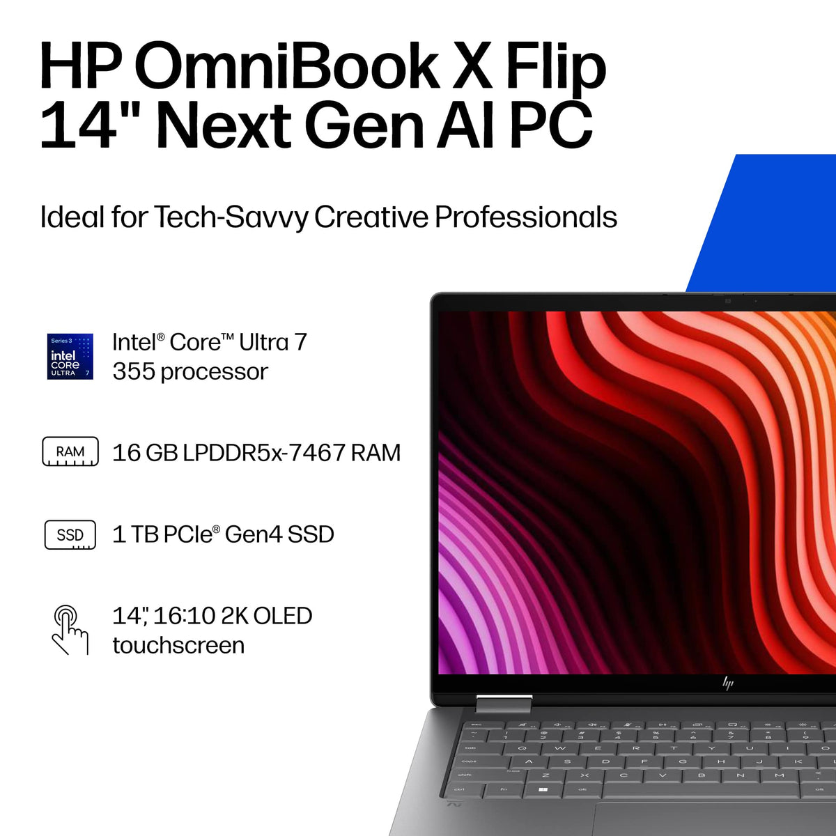 HP - OmniBook X Flip 2-in-1 - 14" 2K OLED Touchscreen Laptop - Intel Core Ultra 7 (2026) - 16GB Memory - 1TB SSD - Copilot+ - Meteor Silver