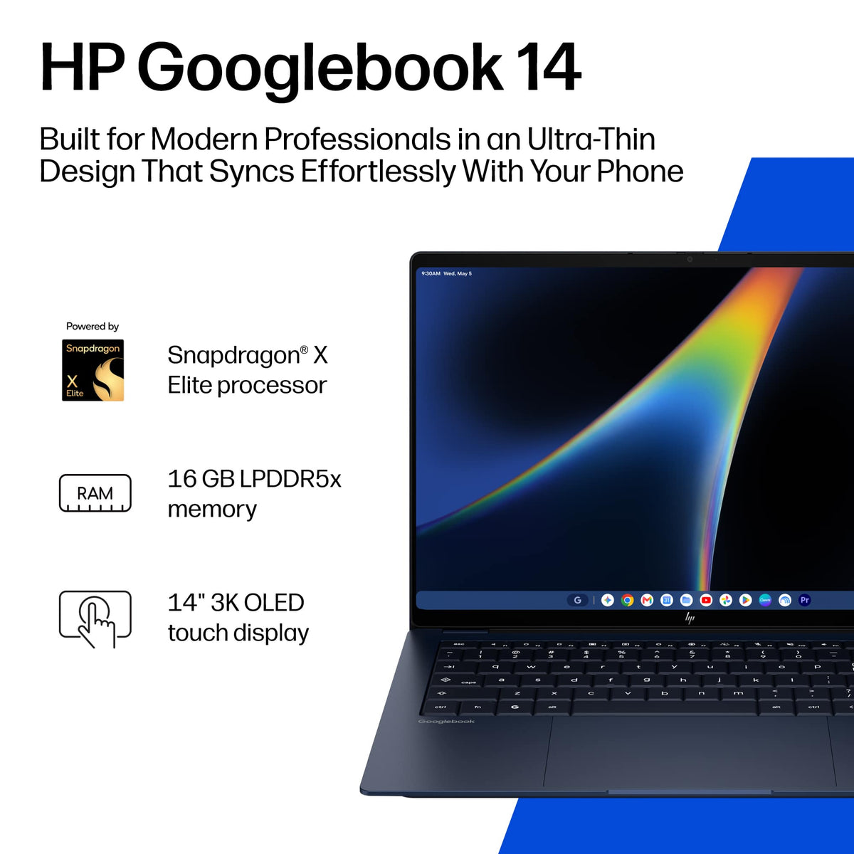 HP - Googlebook 14" 3K OLED Touchscreen - Snapdragon X Elite - 16GB Memory - 512GB SSD - Atmospheric Blue