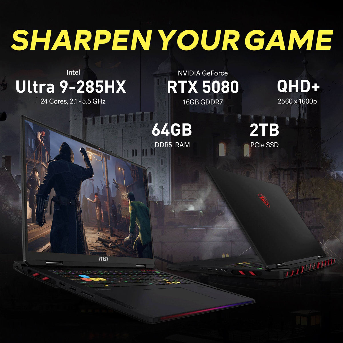 MSI - Upgraded - Raider 18" QHD+ 240Hz Gaming Laptop,Intel Core Ultra 9 285HX,RTX 5080,64GB,2TB SSD+1TB Dock,Backlit,Win 11 Pro - Black