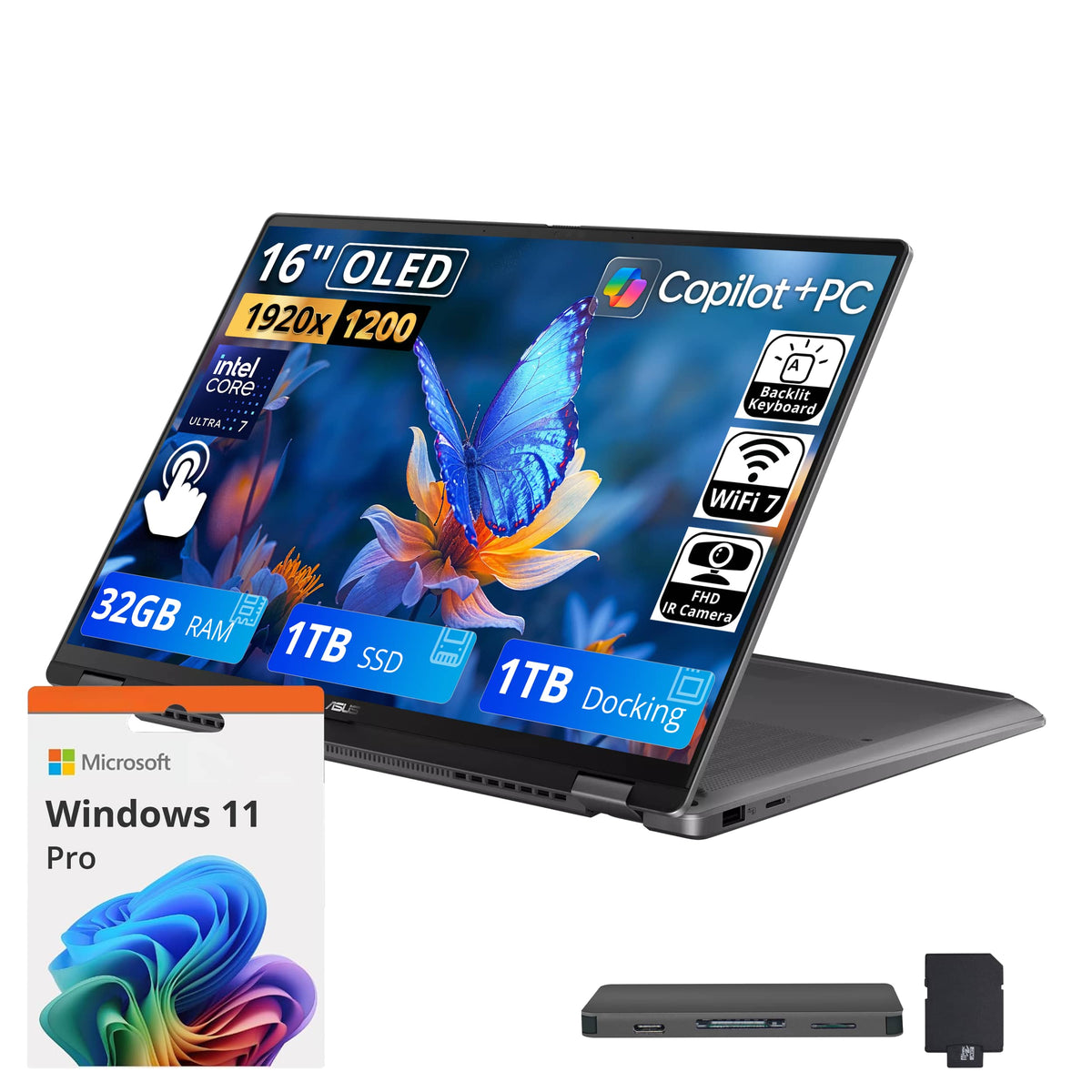 ASUS - Upgraded - Vivobook 16" Flip OLED Touch Laptop,Intel Core Ultra 7 258V,32GB RAM,1TB SSD+1TB Dock,Backlit,WiFi 7,Win11 Pro - Gray