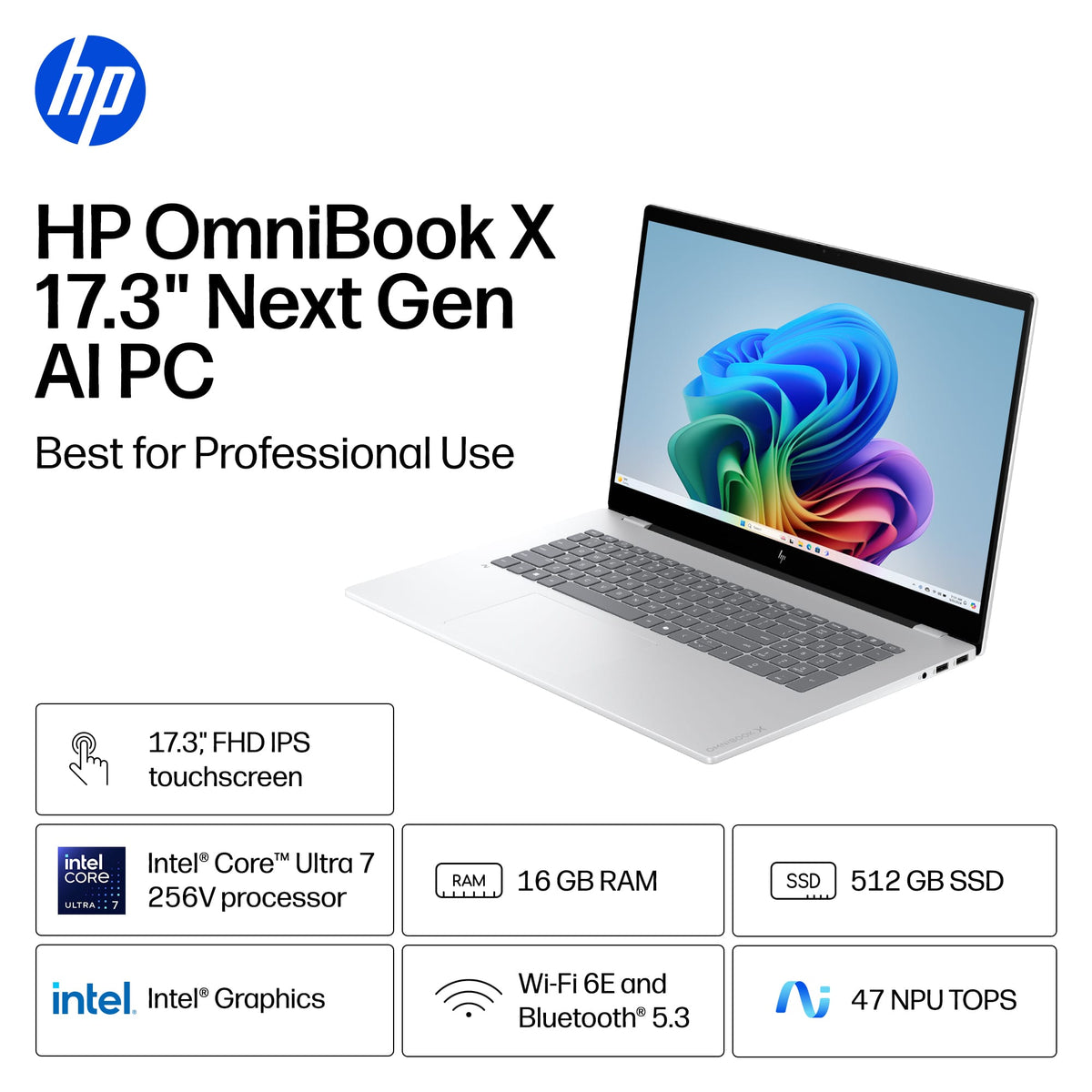 HP - OmniBook X 17.3" Full HD Touchscreen Laptop - Intel Core Ultra 7 (2024) - 16GB Memory - 512GB SSD - Copilot+ PC - Glacier Silver