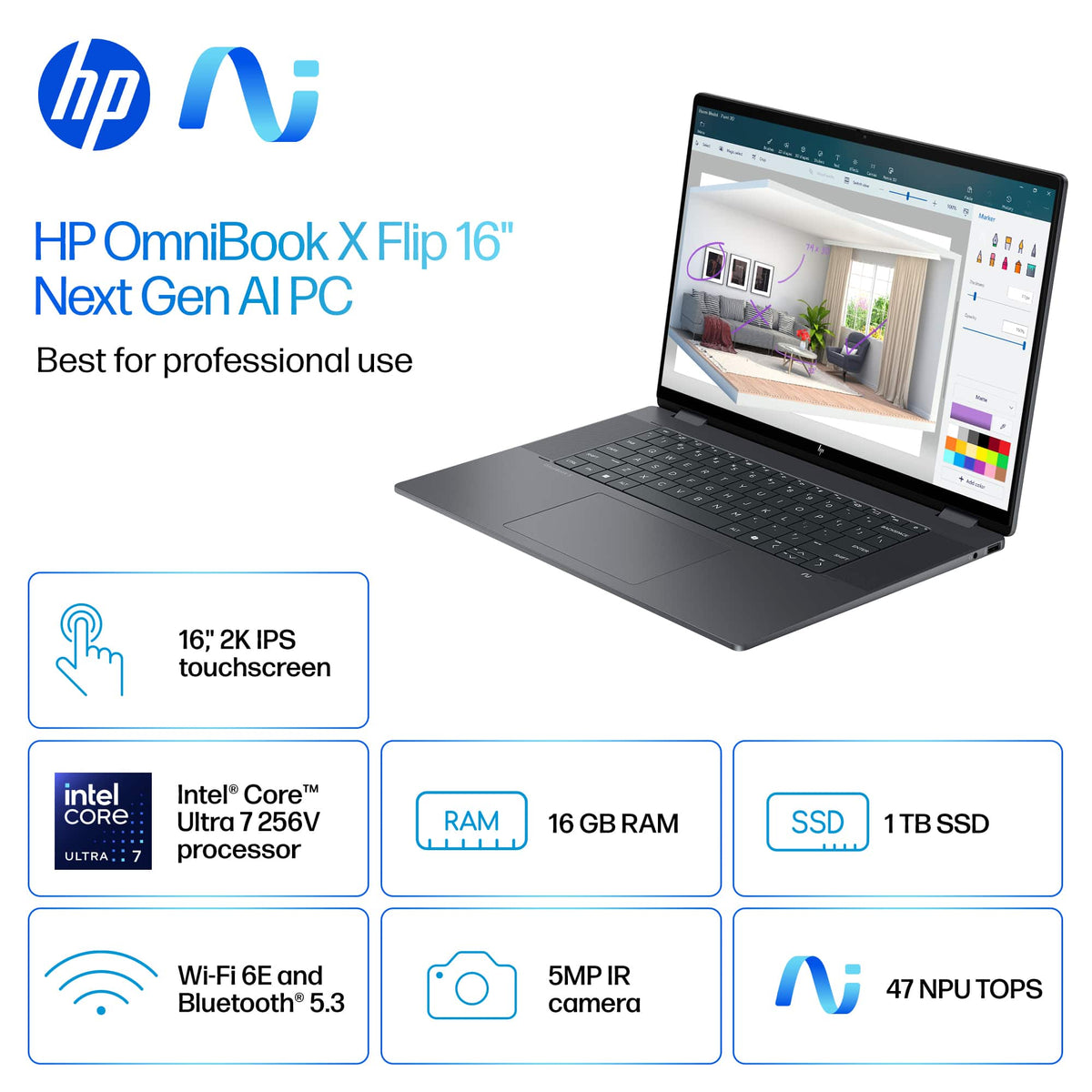 HP - OmniBook X Flip 2-in-1 - 16" 2K Touchscreen Laptop - Intel Core Ultra 7 (2024) - 16GB Memory - 1TB SSD - Copilot+ PC - Eclipse Gray