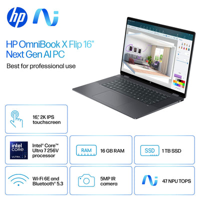 HP - OmniBook X Flip 2-in-1 - 16" 2K Touchscreen Laptop - Intel Core Ultra 7 (2024) - 16GB Memory - 1TB SSD - Copilot+ PC - Eclipse Gray