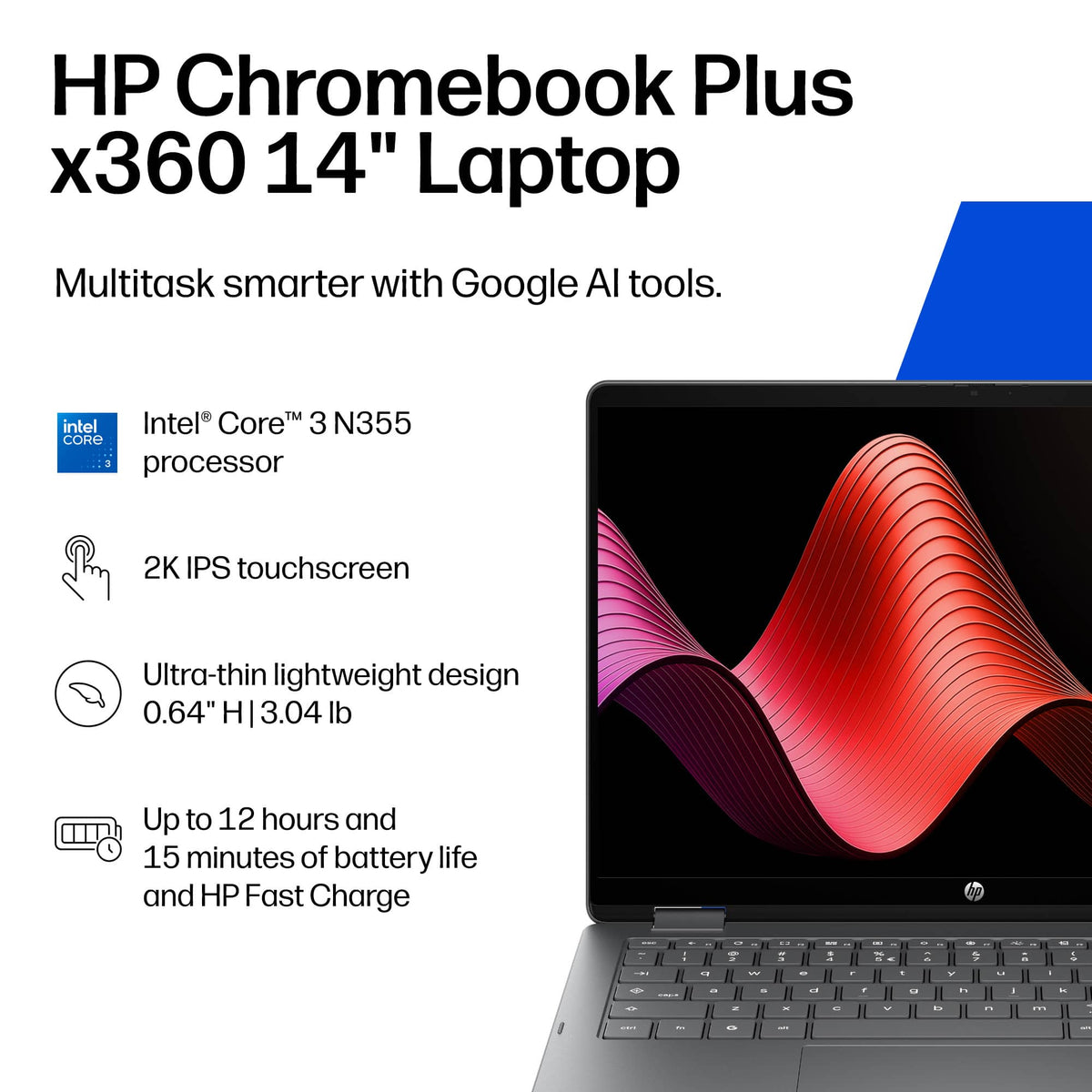 HP - 14" 2K Touchscreen 2-in-1 Chromebook Plus - Intel Core 3 N355 - 8GB Memory - 256GB Storage - Meteor Silver