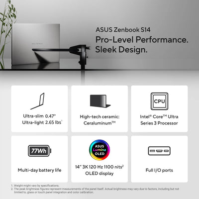 ASUS - Zenbook S14 14" OLED 3K Touchscreen - Intel Core Ultra 9 Processor 2026 - 32GB Memory - 1TB Storage - Copilot+ PC - Scandinavian White