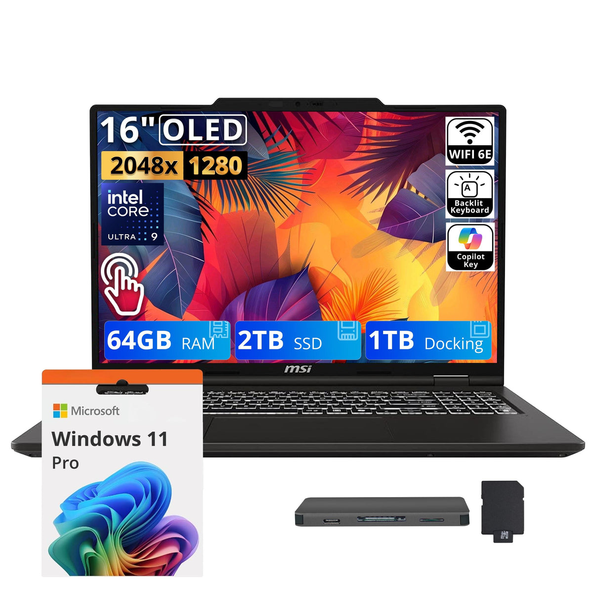MSI - Upgraded - Venture 16" OLED Touch AI Laptop,Intel Ultra 9 285H,64GB DDR5,2TB SSD+1TB Dock,Intel Arc 140T,Backlit,Win 11 Pro - Solid Gray