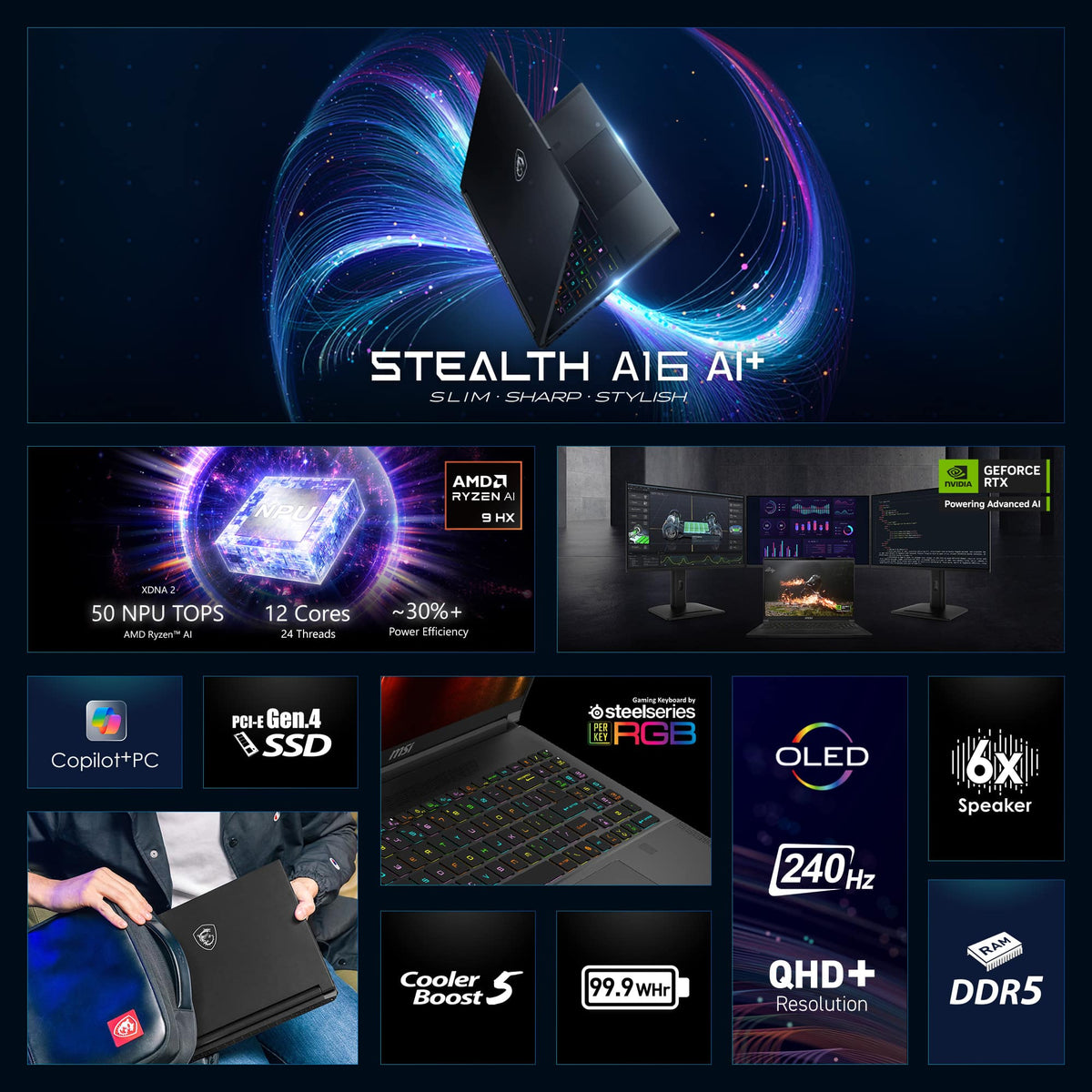 MSI - Stealth A16 AI+ 16" 240 Hz Gaming Laptop QHD+ - AMD Ryzen AI 9 HX 370 with 32GB Memory - GeForce RTX 5080 - 2TB SSD - Core Black, Black