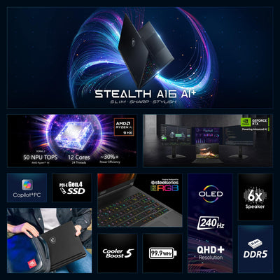 MSI - Stealth A16 AI+ 16" 240 Hz Gaming Laptop QHD+ - AMD Ryzen AI 9 HX 370 with 32GB Memory - GeForce RTX 5080 - 2TB SSD - Core Black, Black