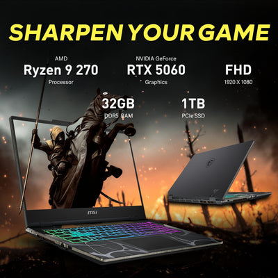 MSI - Upgraded - Cyborg A15 15.6" FHD 144Hz Gaming Laptop,AMD Ryzen 9 270,32GB RAM,1TB SSD+1TB Dock Set,GeForce RTX 5060,Win 11 - Black
