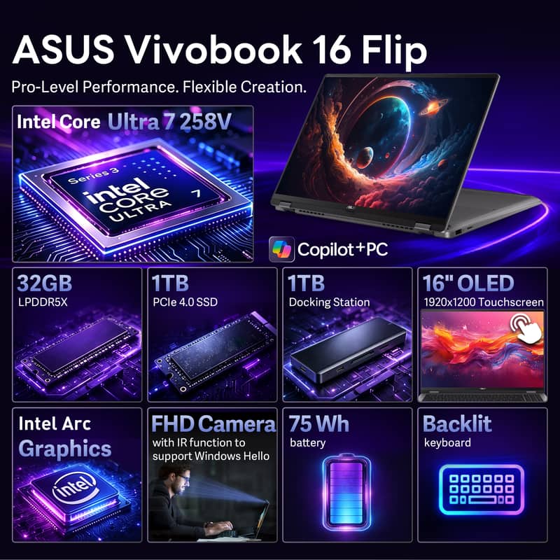 ASUS - Upgraded - Vivobook 16" Flip OLED Touch Laptop,Intel Core Ultra 7 258V,32GB RAM,1TB SSD+1TB Dock,Backlit,WiFi 7,Win11 Pro - Gray