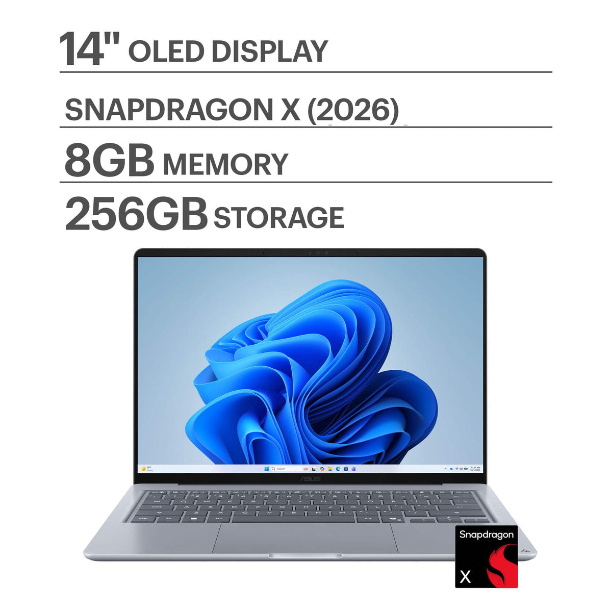 ASUS - Zenbook 14 14" 2K OLED Laptop - Snapdragon X1-26-100 (2026) - 8GB Memory - 256GB Storage - Arctic Blue