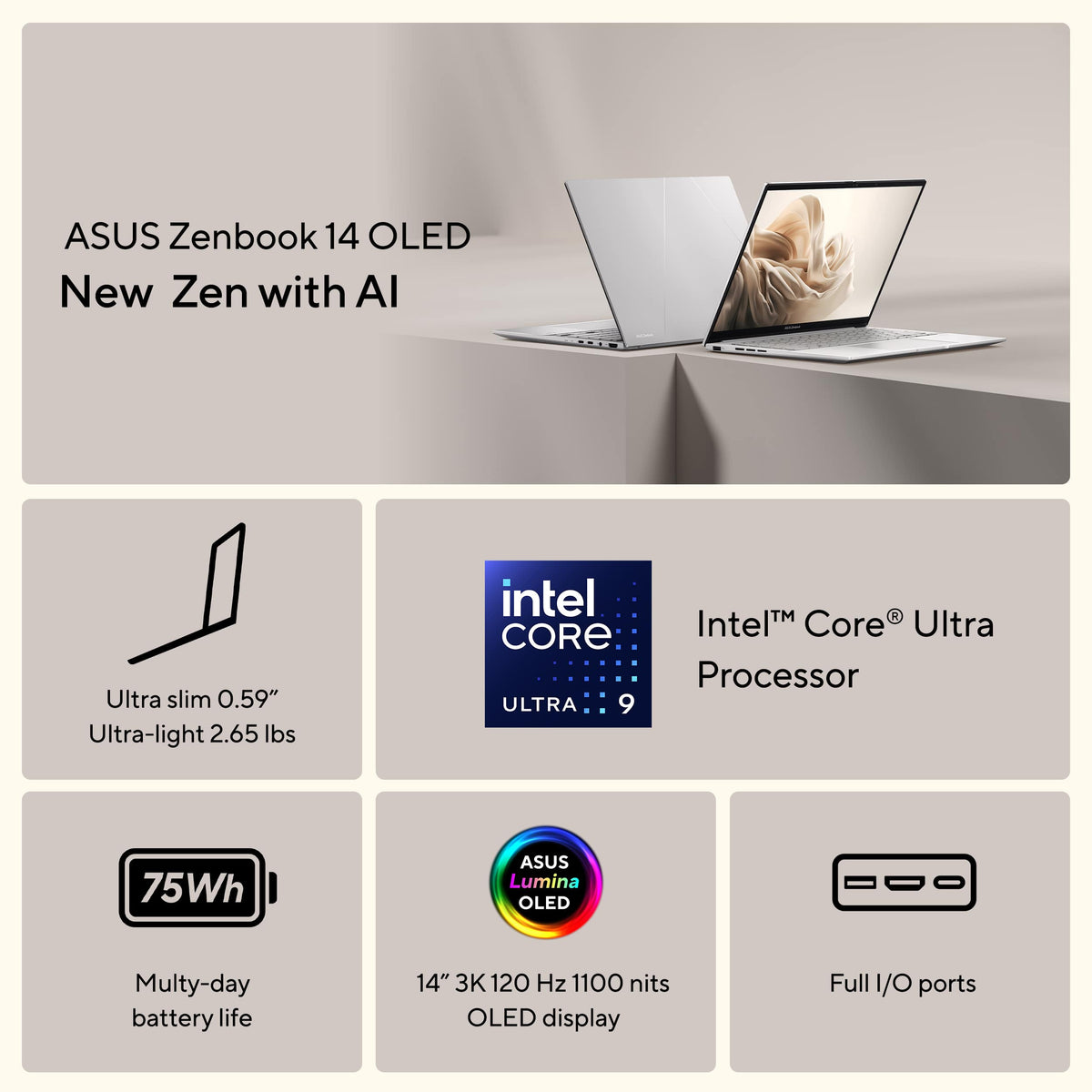 ASUS - Zenbook 14 14" 3K OLED Touch Screen Laptop - Intel Core Ultra 9 285H - 32GB RAM - 1TB SSD - Foggy Silver