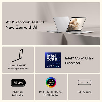 ASUS - Zenbook 14 14" 3K OLED Touch Screen Laptop - Intel Core Ultra 9 285H - 32GB RAM - 1TB SSD - Foggy Silver