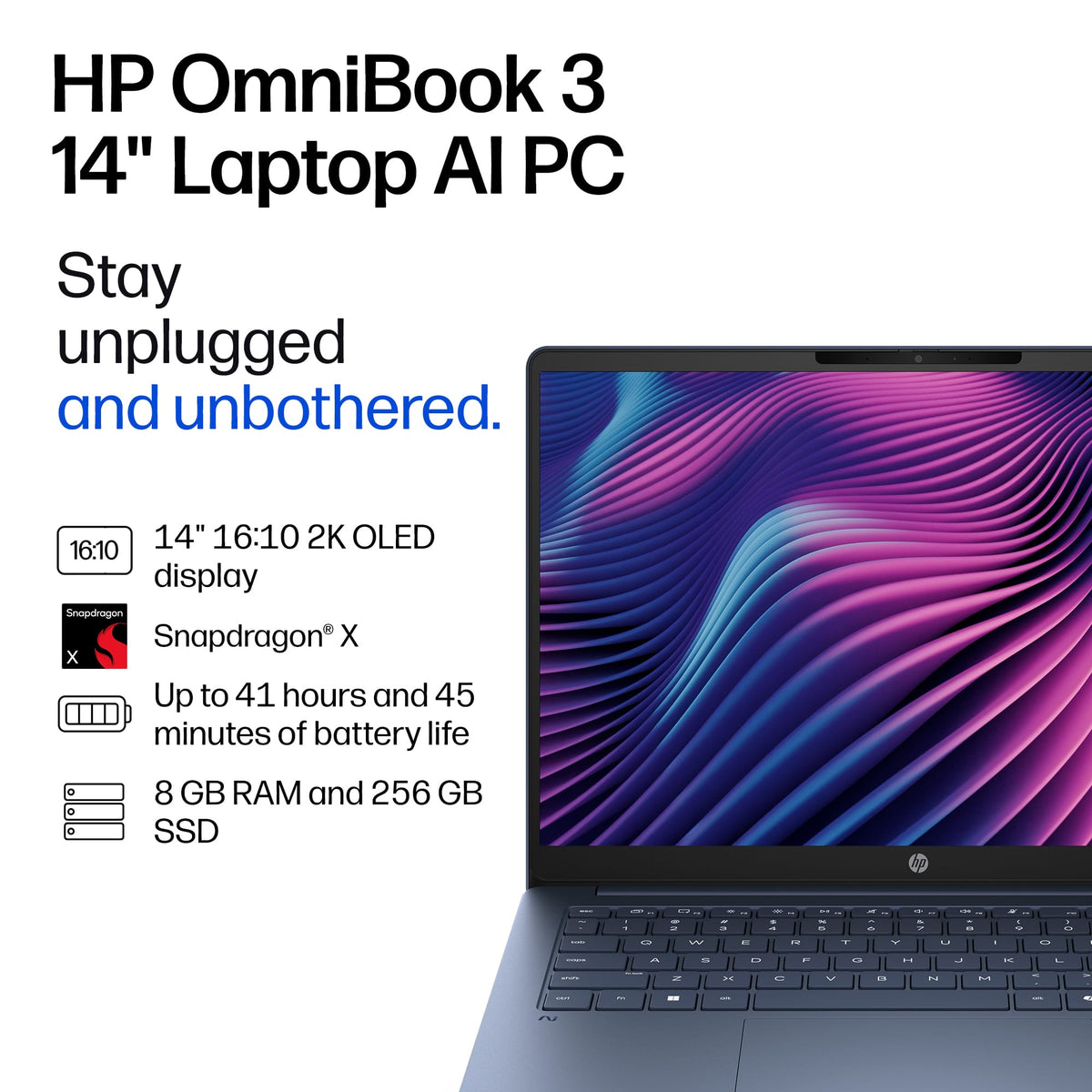 HP - OmniBook 3 - 14" 2K OLED Laptop - Snapdragon X (8-Core CPU) - 8GB Memory - 256GB SSD - 41+ Hrs Battery Life¹ - Starlit Blue