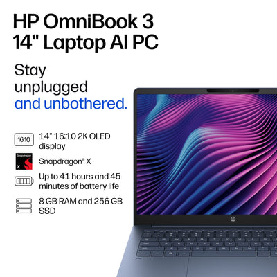 HP - OmniBook 3 - 14" 2K OLED Laptop - Snapdragon X (8-Core CPU) - 8GB Memory - 256GB SSD - 41+ Hrs Battery Life¹ - Starlit Blue