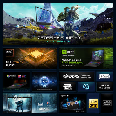 MSI - Crosshair A16 HX 16" 2.5K QHD+ 240Hz Gaming Laptop - AMD R9 8940HX - NVIDIA GeForce RTX 5060 - 16GB Memory - 1TB Storage - Cosmo Gray