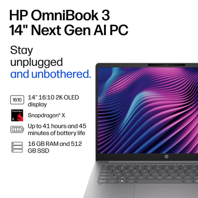 HP - OmniBook 3 - 14" 2K OLED Laptop - Snapdragon X (8-Core CPU) - 16GB Memory - 512GB SSD - Copilot+ - 41+ Hrs Battery Life¹ - Nouvelle Silver
