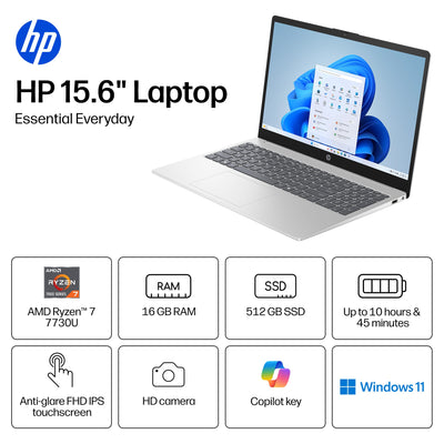 HP - 15.6" Full HD Touchscreen Laptop - AMD Ryzen 7 (2023) - 16GB Memory - 512GB SSD - Natural Silver
