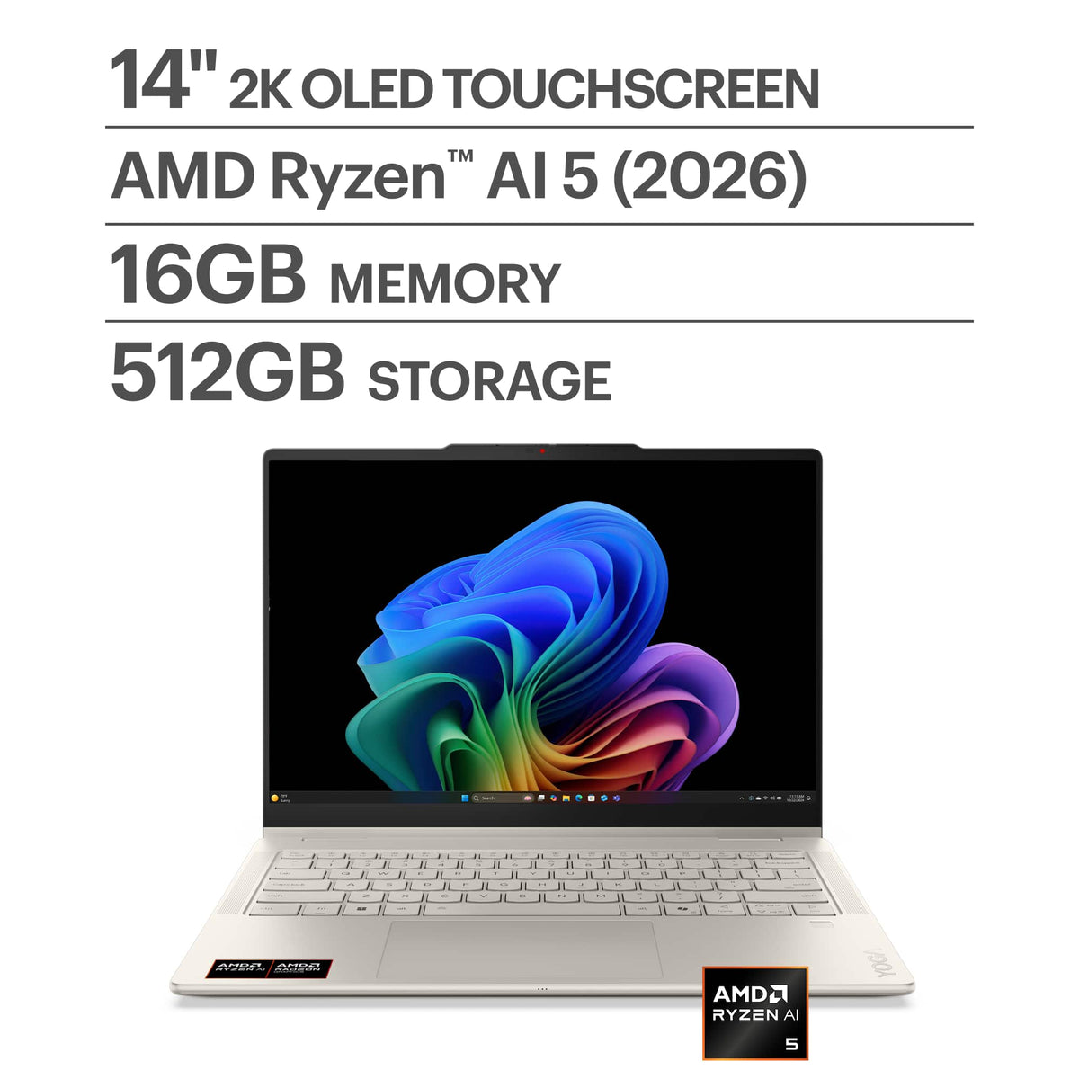 Lenovo - Yoga 7a 2-in-1 14" 2K OLED Touchscreen Laptop - AMD Ryzen AI 5 430 2026- 16GB Memory - 512GB Storage - Copilot+ PC - Seashell