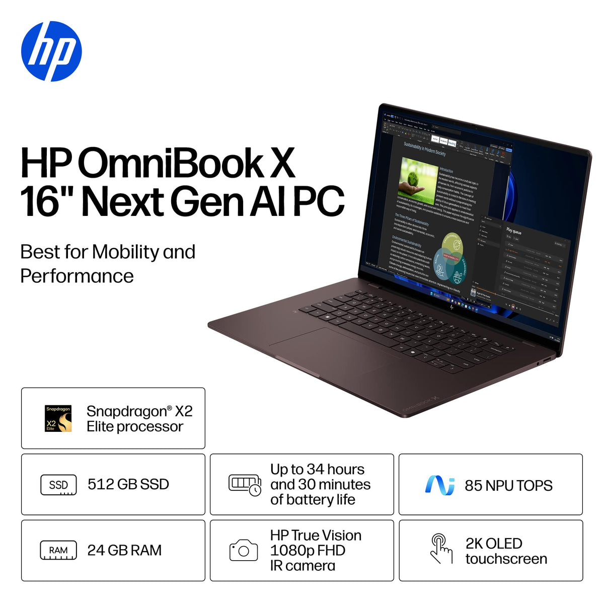 HP - OmniBook X 16" 2K OLED Touchscreen Laptop - Snapdragon X2 Elite (2026) - 24GB Memory - 512GB SSD - Copilot+ PC - Deep Espresso