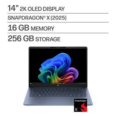 HP - OmniBook 3 - 14" 2K OLED Laptop - Snapdragon X (8-Core CPU) - 16GB Memory - 256GB SSD - Copilot+ - 41+ Hrs Battery Life¹ - Starlit Blue