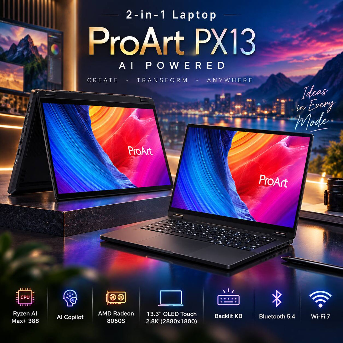 ASUS - Upgraded - ProArt PX13 2-in-1 Laptop 13.3 2.8K Display (Ryzen AI Max+ 388, 32GB, Win 11 Pro) w/Dockztorm Wireless Mouse - Nano Black
