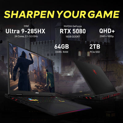 MSI - Upgraded - Raider 18" QHD+ 240Hz Gaming Laptop,Intel Core Ultra 9 285HX,RTX 5080,64GB,2TB SSD+1TB Dock,Backlit,Win 11 Pro - Black