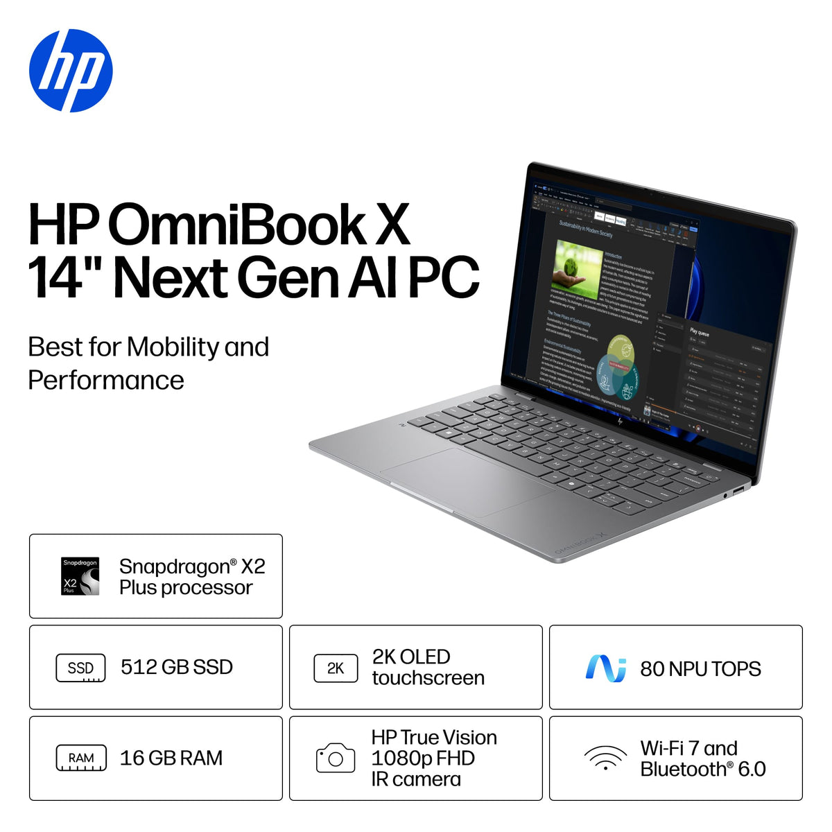 HP - OmniBook X 14" 2K OLED Touchscreen Laptop - Snapdragon X2 Plus (2026) - 16GB Memory - 512GB SSD - Copilot+ PC - Meteor Silver
