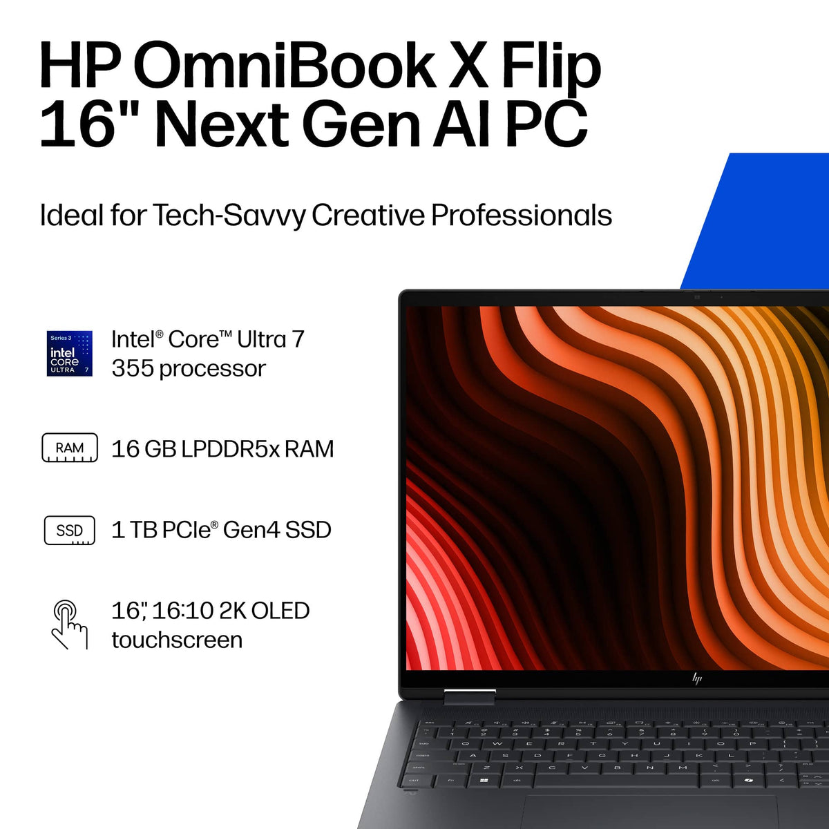 HP - OmniBook X Flip 2-in-1 - 16" 2K OLED Touchscreen Laptop - Intel Core Ultra 7 (2026) - 16GB Memory - 1TB SSD - Copilot+ - Eclipse Gray
