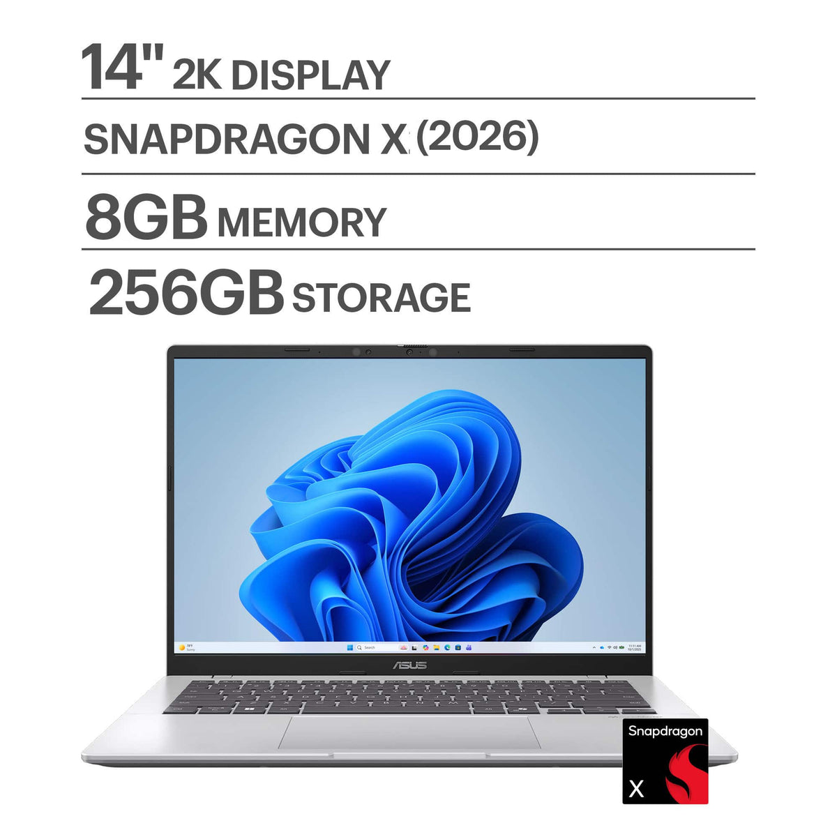 ASUS - Vivobook 14 14" 2K Laptop - Snapdragon X1-26-100 (2026) - 8GB Memory - 256GB Storage - Cool Silver
